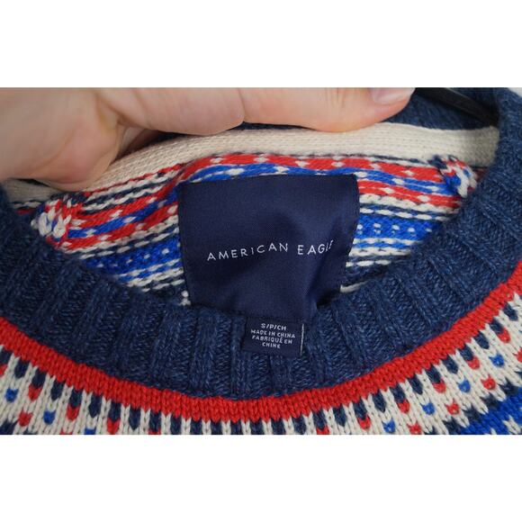 American Eagle Men's Fair Isle Sweater Cotton Wool Blend Christmas Crew Small - Picture 6 of 11